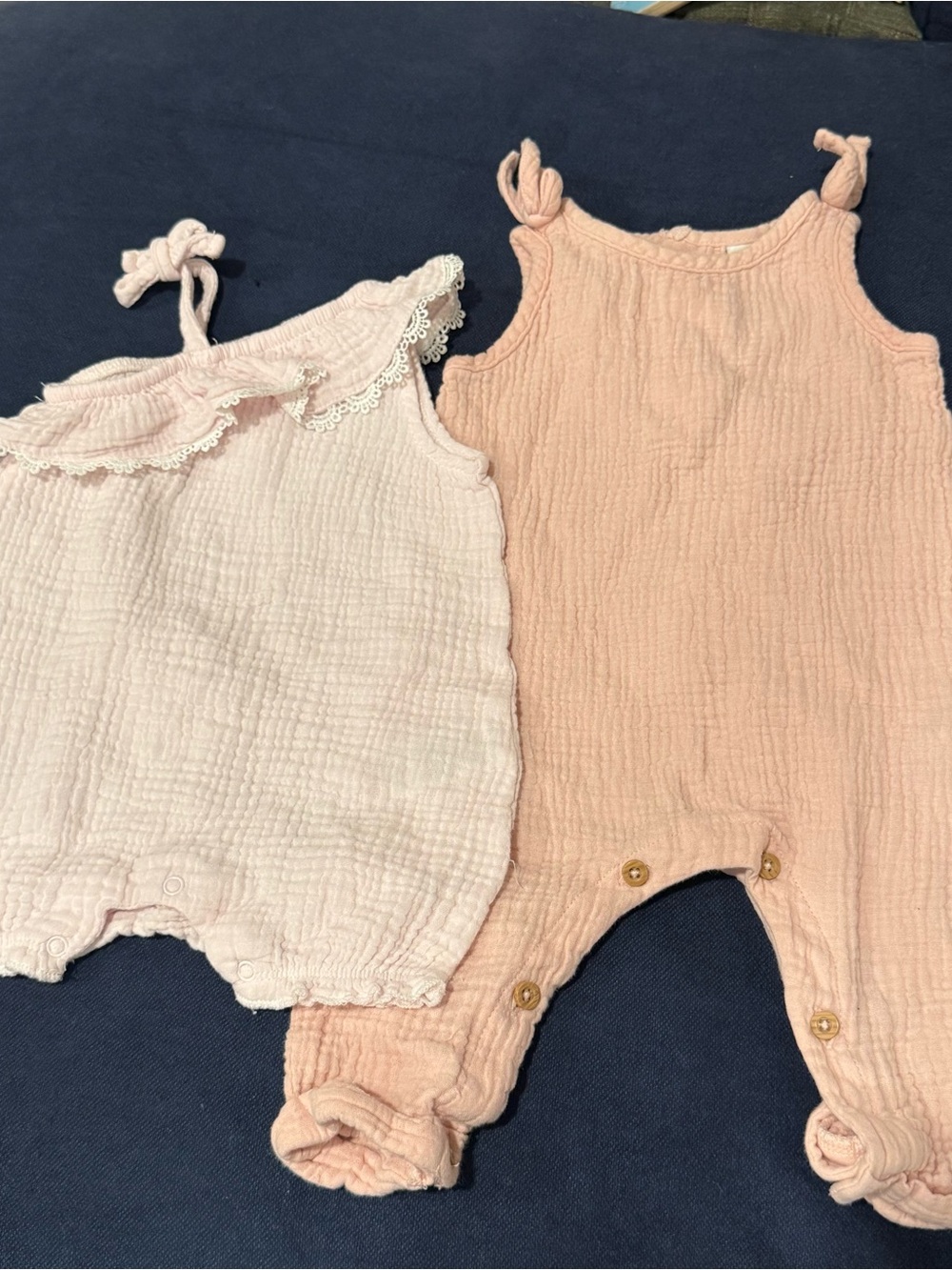 Petit Lem PL Baby Emily & Oliver Peach and Light Pink Cotton Muslin Rompers 6-9m